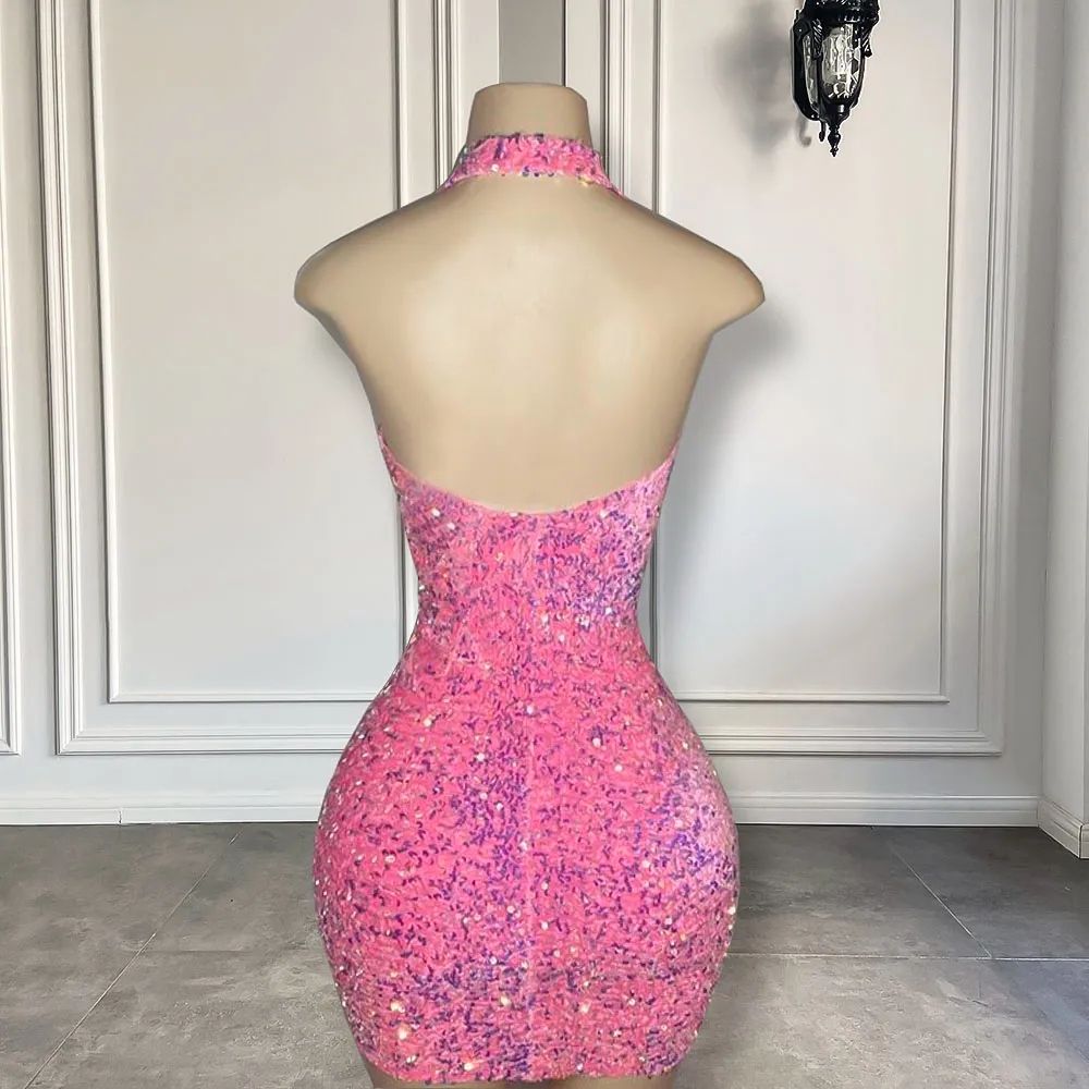 Sexy V-neck Women Short Prom Birthday Dress 2025 Low Back Pink African Black Girls Sequined Evening Party Gowns Vestidos De Longo Robe De Soiree