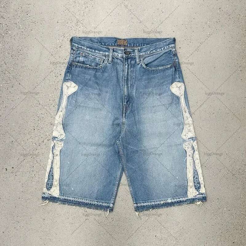 Y2k Street Hip Hop Rock Fashion Men Skull Embroidered Oversized Denim Shorts High Waist Loose Casual Pants Women