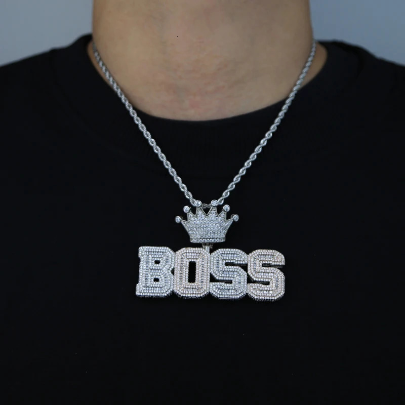 Hip Hop Crown Letter Pendant Necklace Iced Out Bling Two Tone Color CZ Zircon Charm Mens Women Jewelry 250227