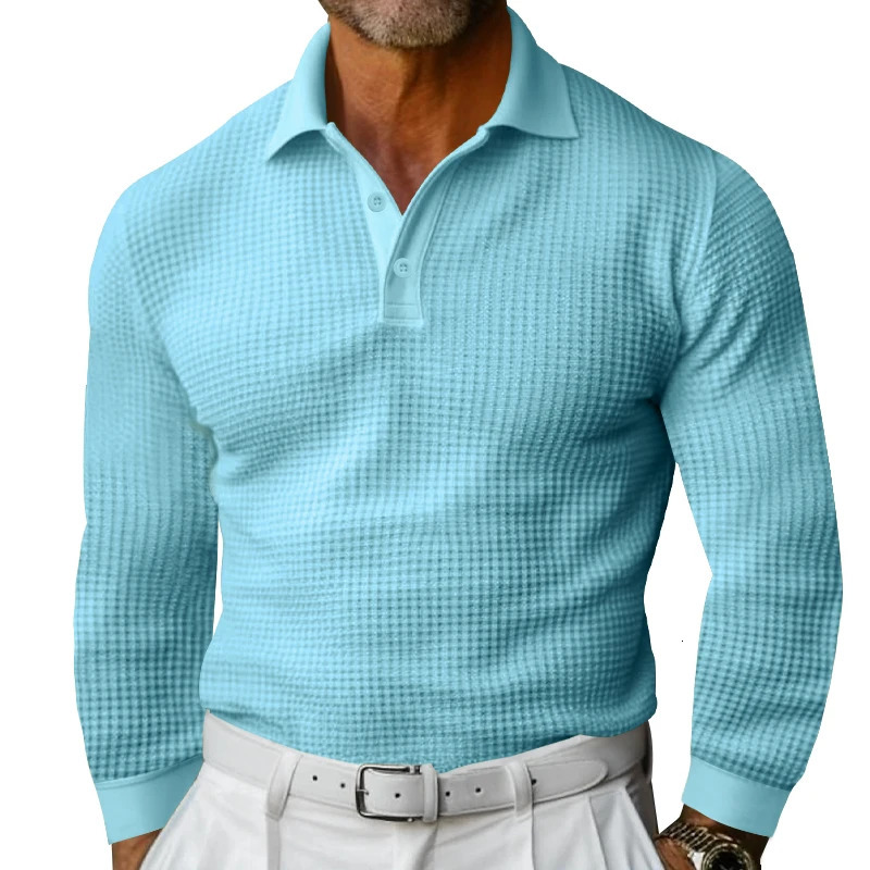 Business Casual Mens Polo Shirt Waffle Fabric Lapel Button Solid Color Long Sleeve Daily Simple Mens Clothing 250227