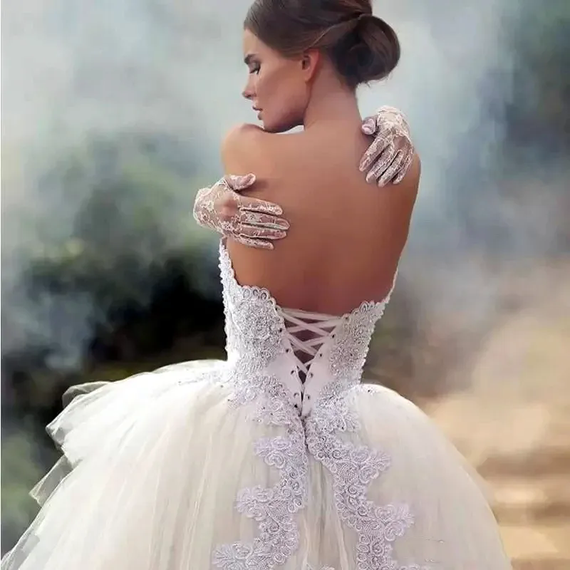 Long Sleeves V Neck Ball Gown Sequins Applique Wedding Dresses Floral Lace Ruffles Bridal Gowns Diamonds Beads Formal Dress Plus Size Vestido 03