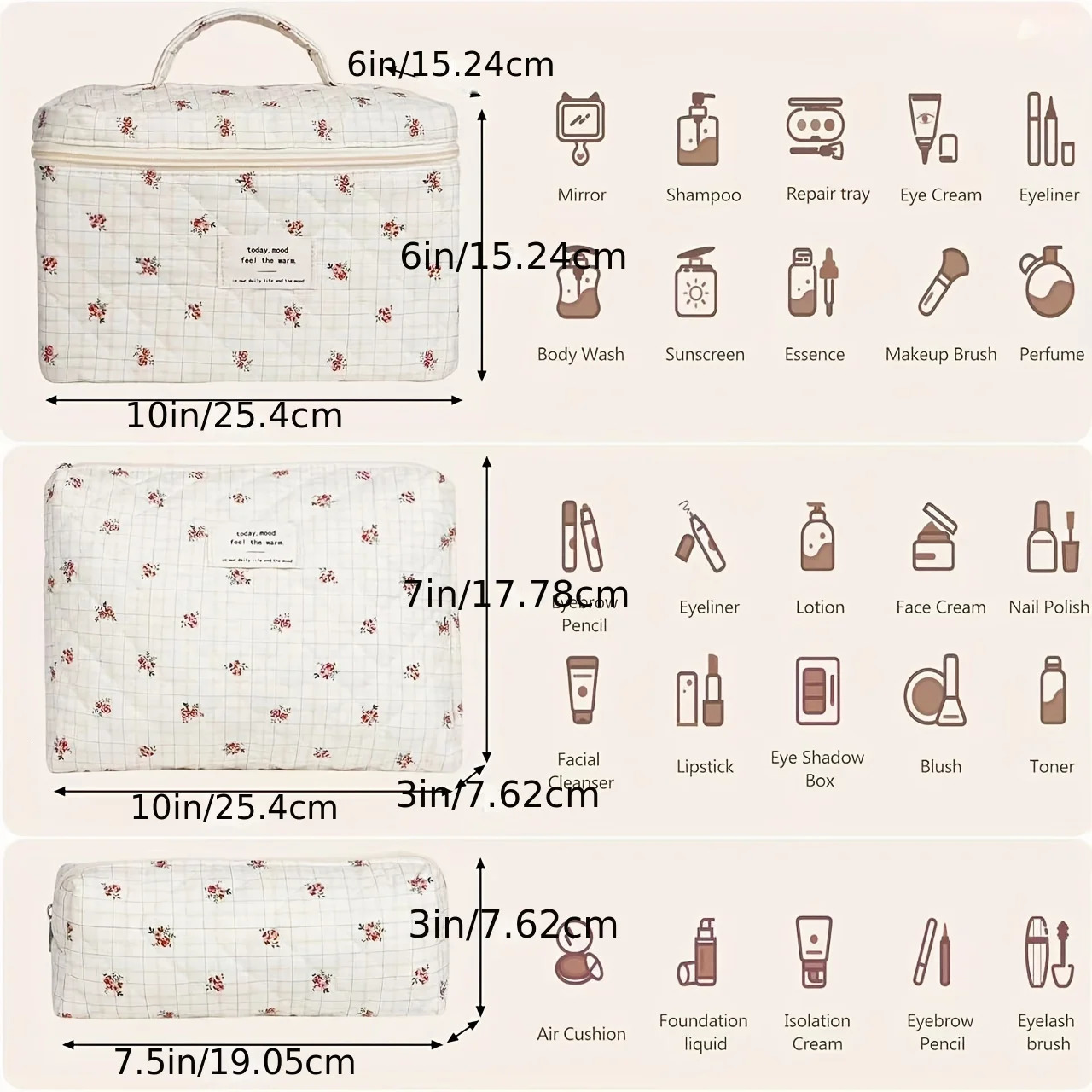 Ship from US 3piece cotton makeup bag set floral n womens and girls multifunctional bags bathroom organizer large C 250227FBB