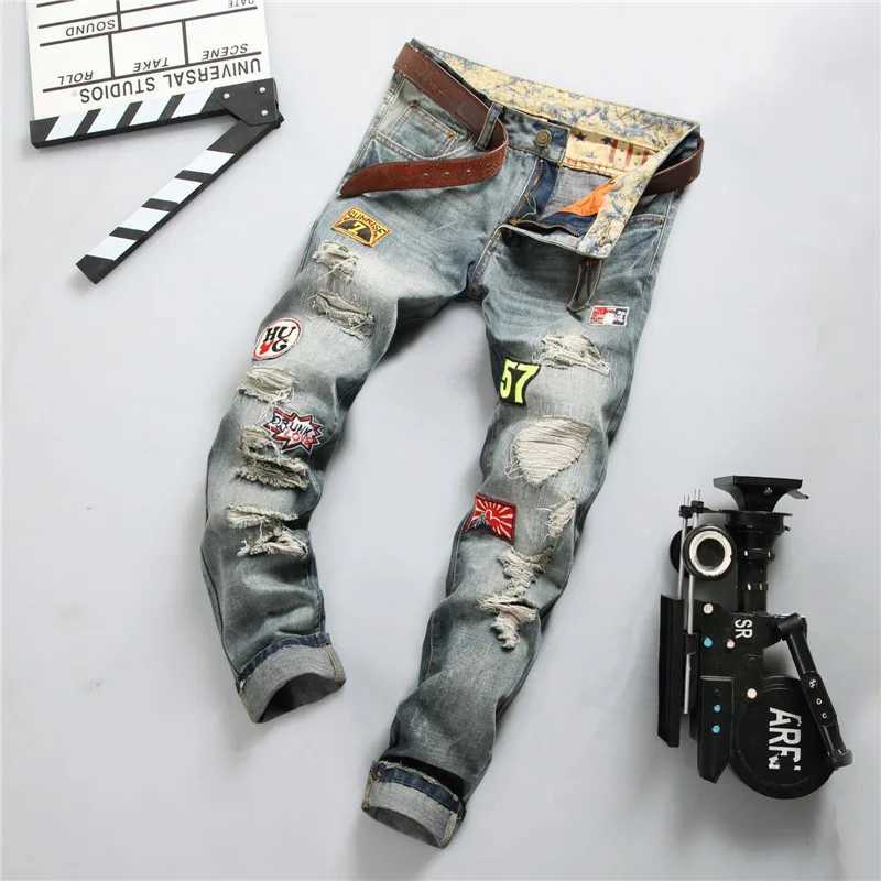 New Mens Hip Hop High Street Motorcycle Jeans Badge Distressed Ripped Denim Trousers Male Non-stretch Straight Slim Fit Jeans X250227