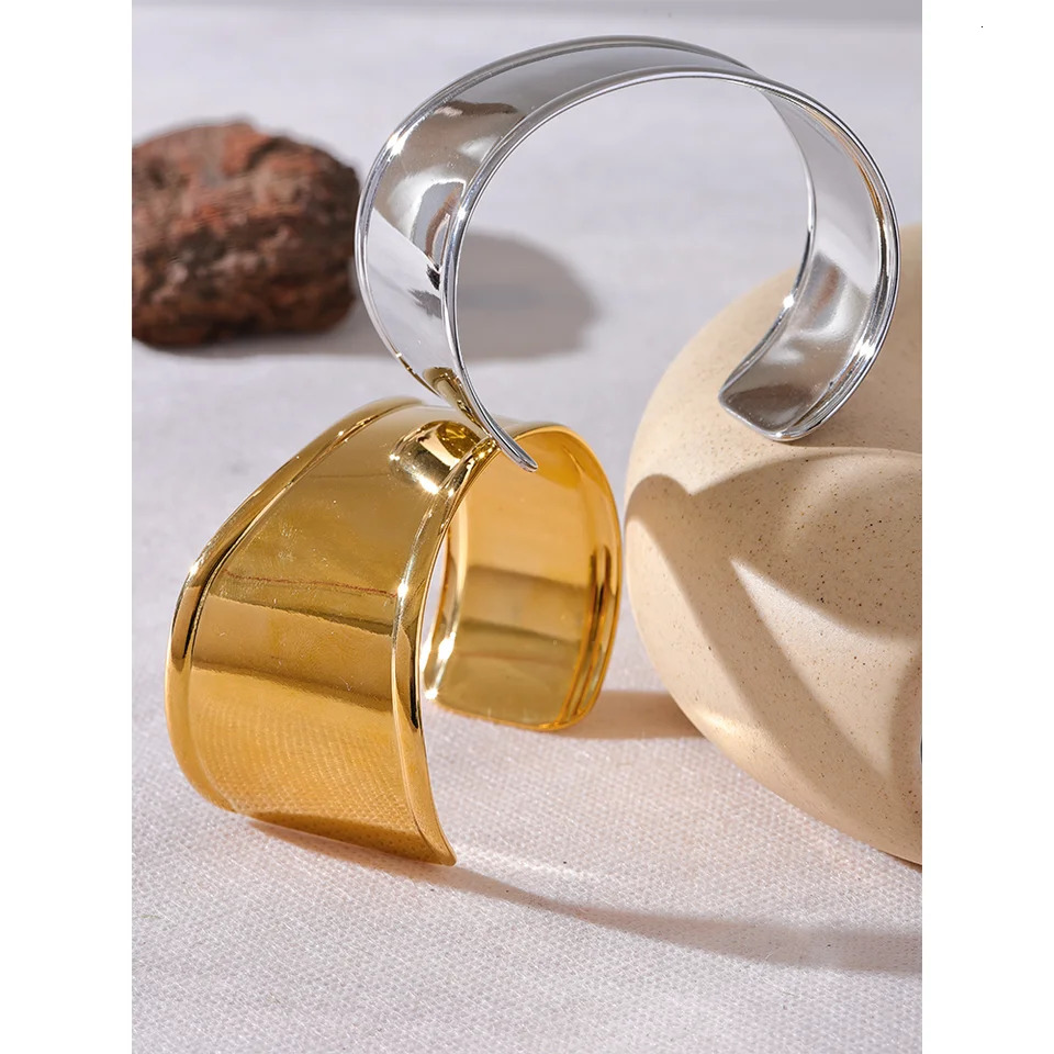 Yhpup High Quality Stainless Steel Metal Wide Cuff Open Bracelet Bangle Waterproof Texture Personalized Unisex Jewelry Bijoux 250227