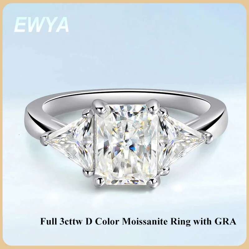 EWYA 3cttw Radiant Cut D Color VVS Moissanite Dia Ring Band For Women Sier GRA Certified Wedding Bridal Rings Gift