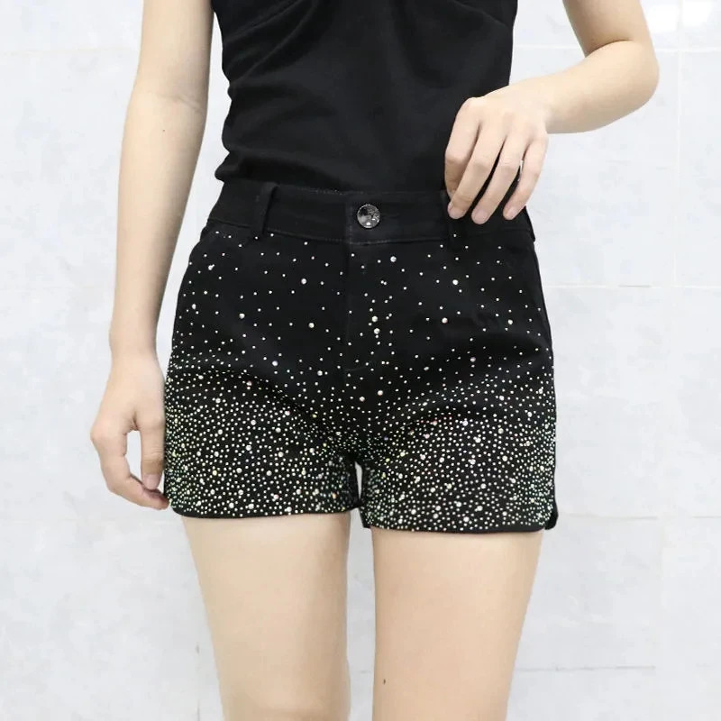 Diamond Denim Shorts for Womens Streetwear Spring Autumn Elastic High Waist Slim Shorts Female Casual Short Pants 250226