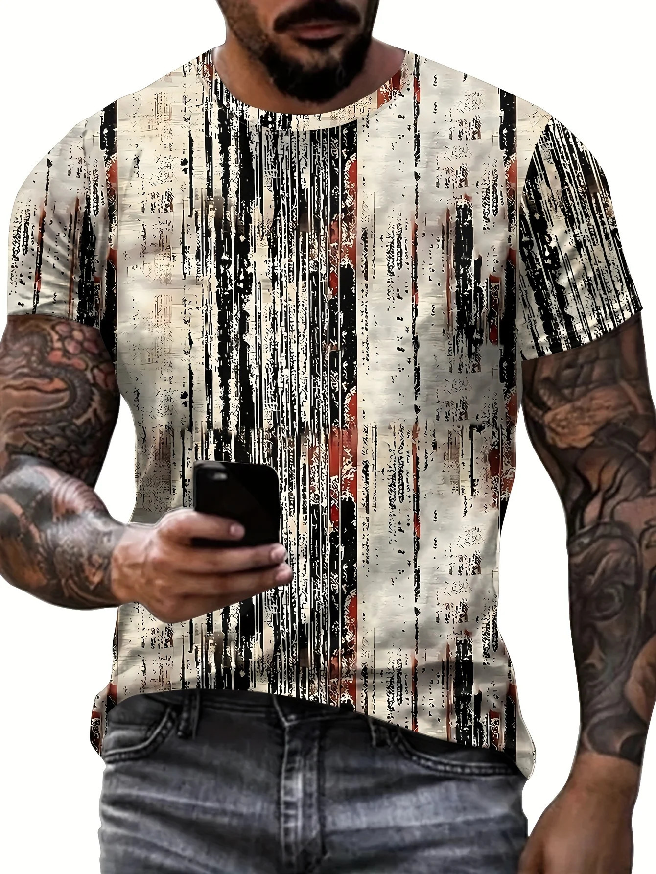 Mens Casual And Chic Stripe Pattern Print T-shirt With Crew Neck And Short Sleeve Cool Tops For Summer Leisurewear And Outdoor 250227