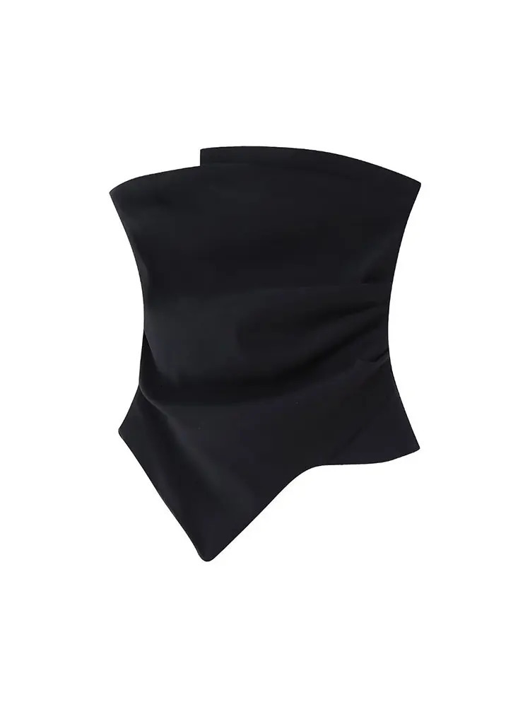 TELLHONEY Womens Fashion Strapless Fold Asymmetric Top Casual Slim Side Zipper Solid Color 250226