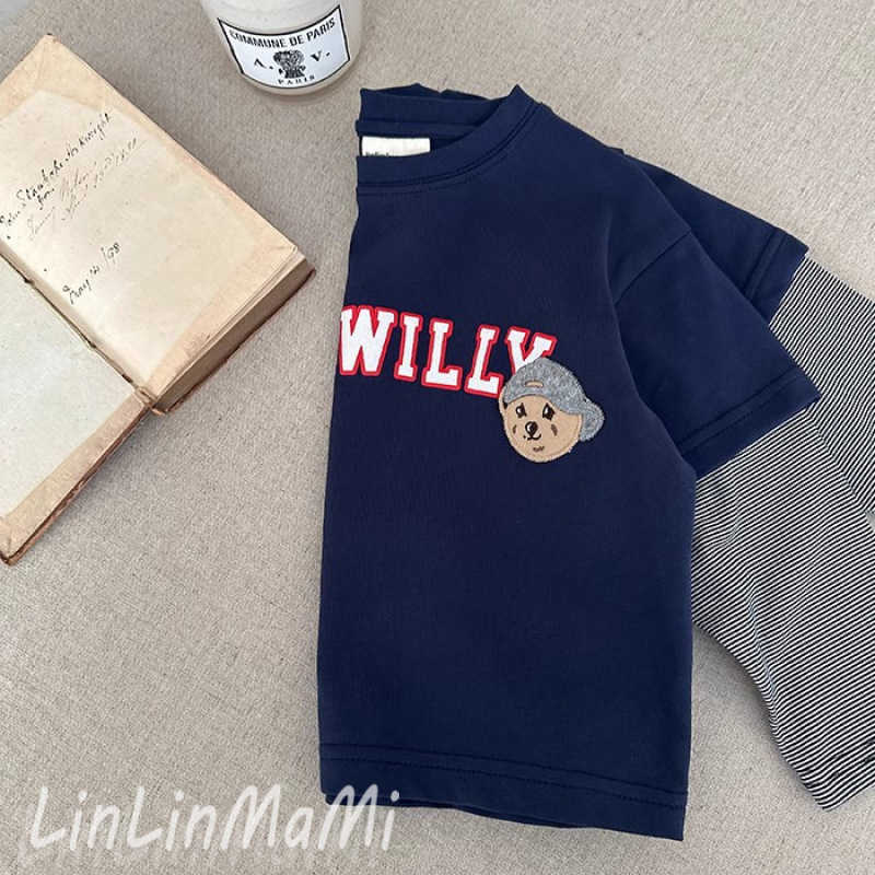 T-shirts Childrens fake two-piece T-shirt spring and autumn style small childrens clothing top cotton baby striped bottom shirt long sleeved boys styl