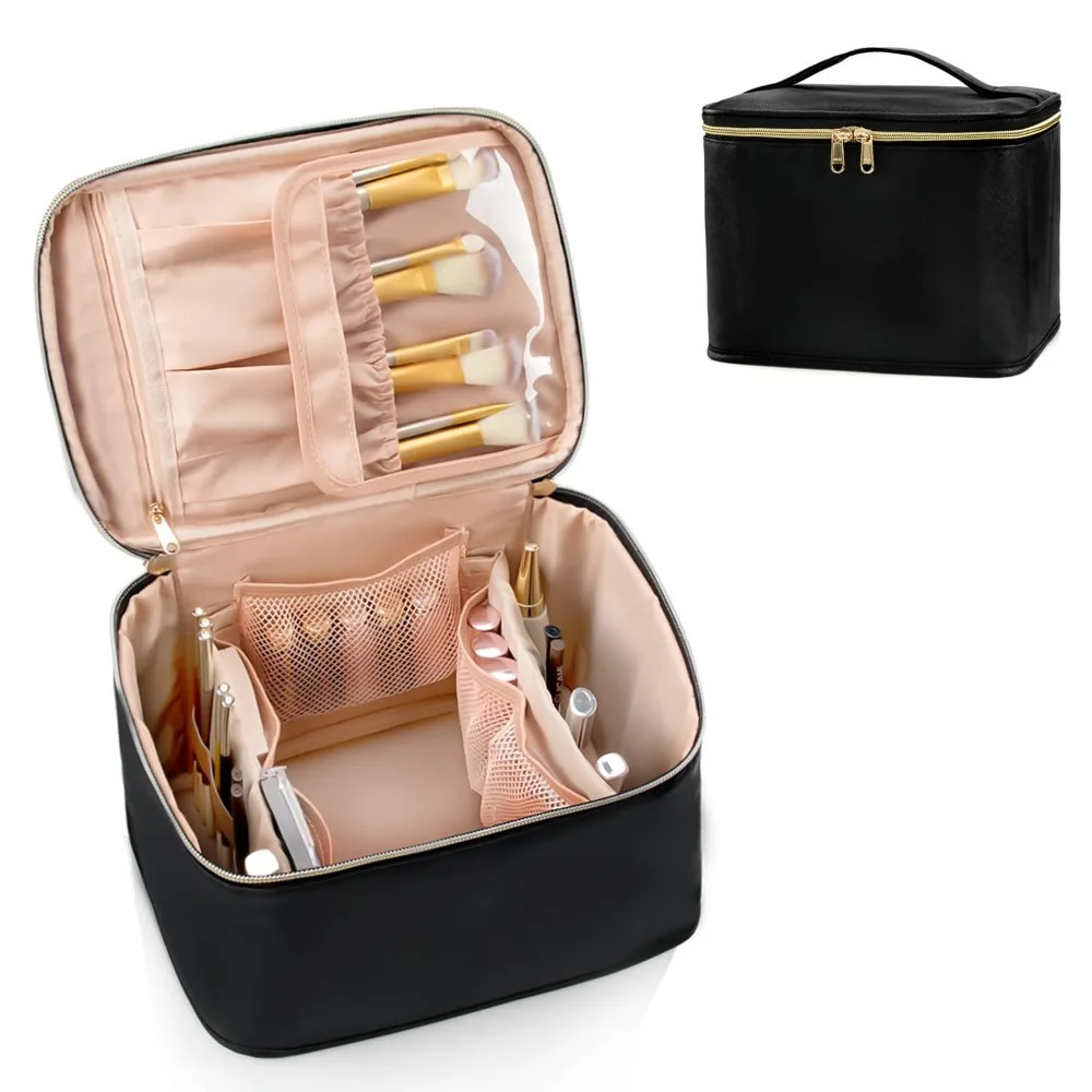 Ship from US Large Ladies Cosmetic Bag Travel Organizer with Brush Holder and Divider Waterproof Leather 250227FBB
