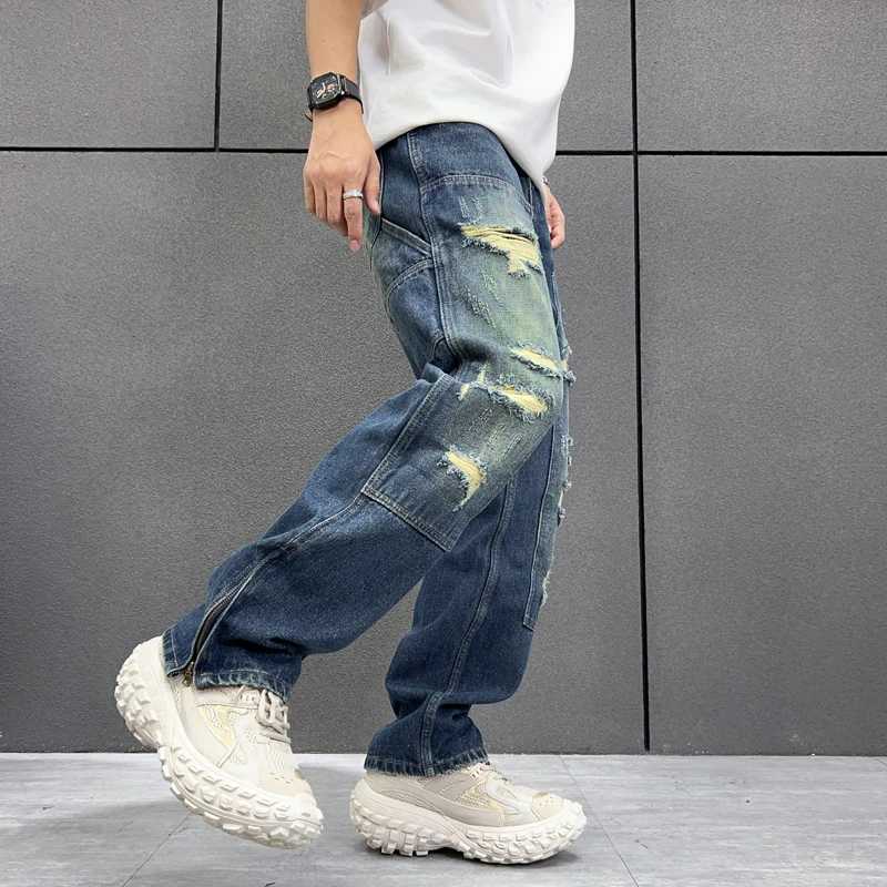 Washed distressed fashionable and trendy jeans American style trendy mens high street loose fitting straight leg mens jeans X250227