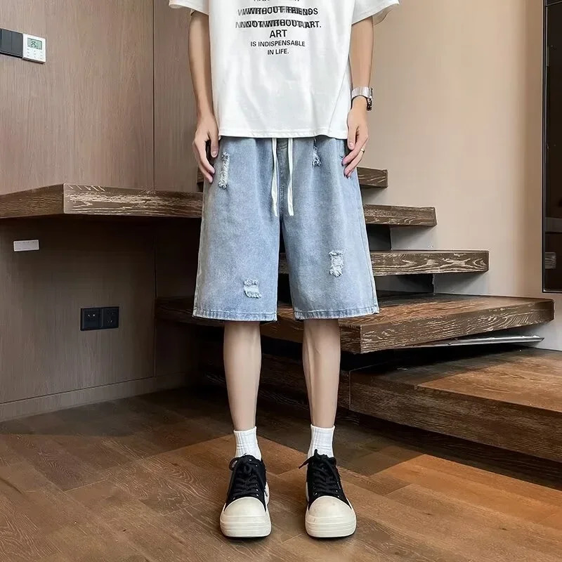 Summer Baggy Ripped Jorts For Men Y2K Streetwear Denim Shorts Retro Casual Pants Wide Leg Straight Blue Bermuda Jean 250226