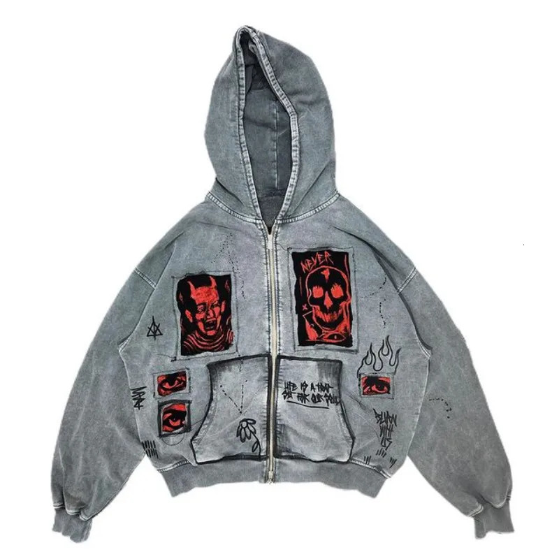 American Y2K heavyduty washed retro devil print street high dark Harajuku neutral loose hooded sweater 250226