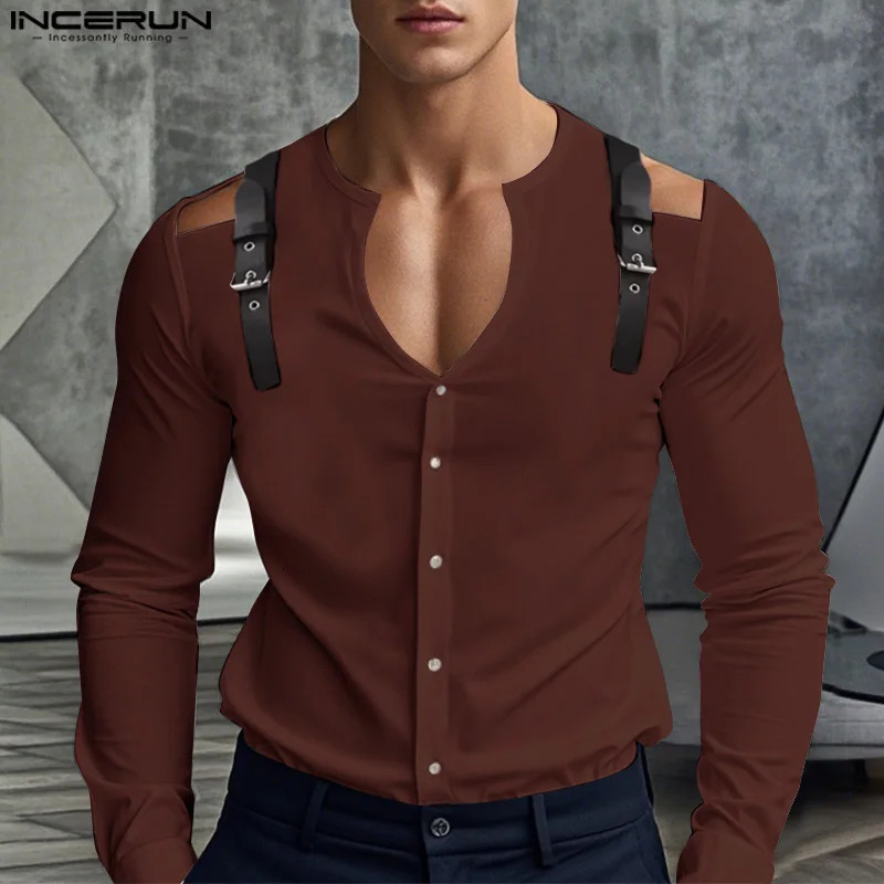 INCERUN Tops American Fashion Mens Leather Buckle Collarless Hollow Shirt Sexy Casual Solid Long Sleeve Shirt S-5XL 250222