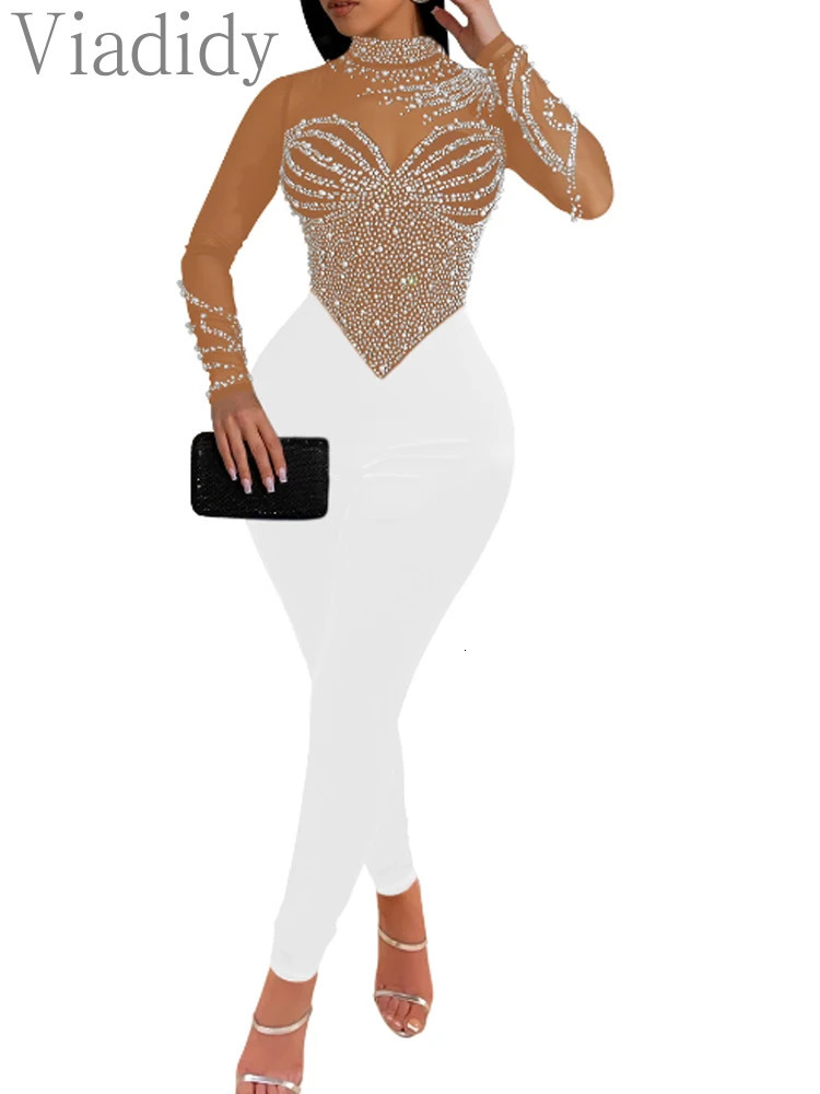 Pearls Rhinestone Romper for Women Jumpsuits Mesh See Through Skinny One Piece Overalls 250224
