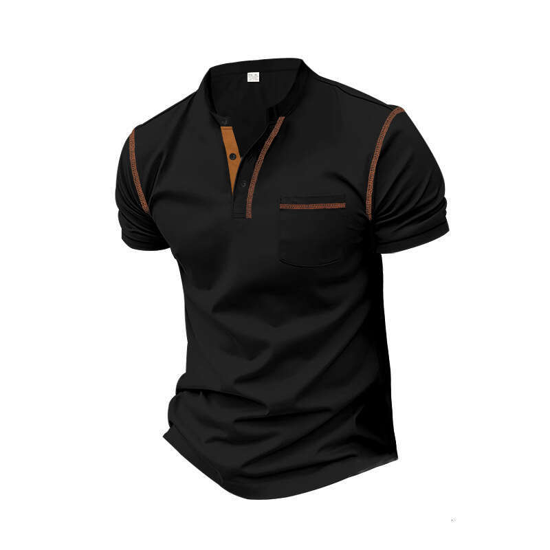 2024 Summer Short sleeved Henley Shirt Men's Round Neck Color Block T-shirt