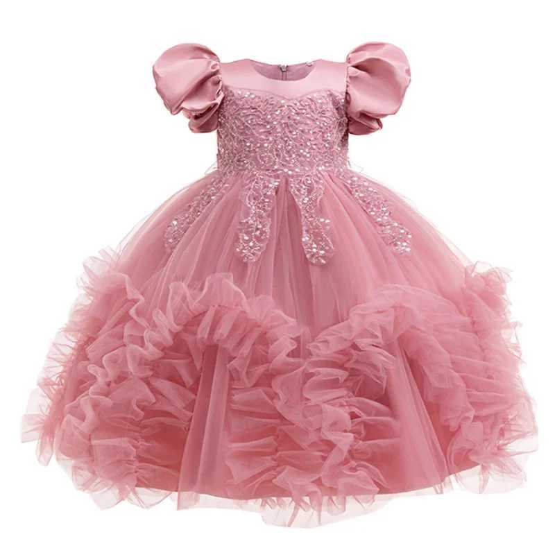 Girl's Dresses New handmade bead mesh with bubble sleeves suitable for girls Christmas weddings floral girls 3-12 year evening dresses Y250227BFH