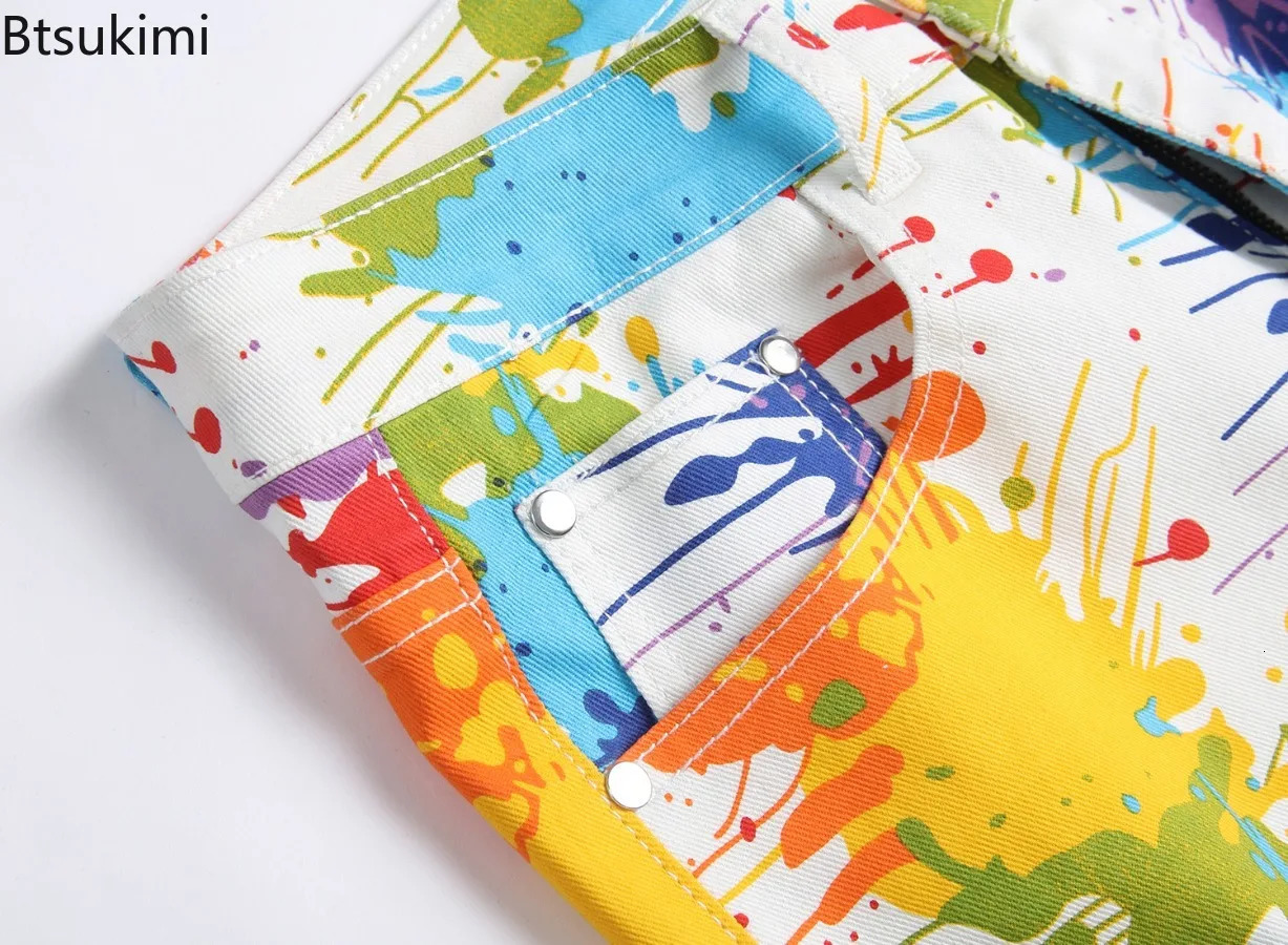 Mens Fashion 3D Print Jeans Hip Hop Streetwear Y2K Fancy Color Painted Stretch Denim Shorts Male Candy Casual 250226