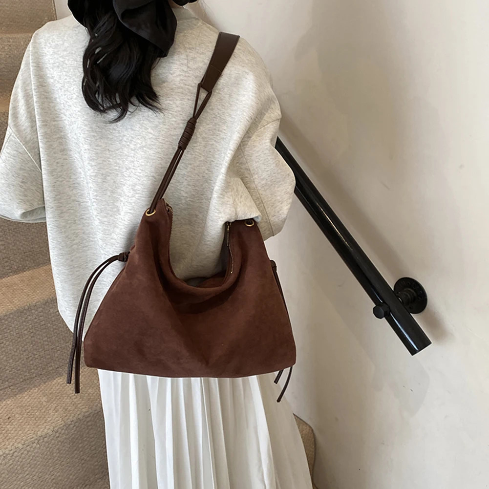 Ship from US Women Suede Shoulder Bag Adjustable Strap Messenger with Zipper Trendy Retro Handbag for Work Travel 250227FBB