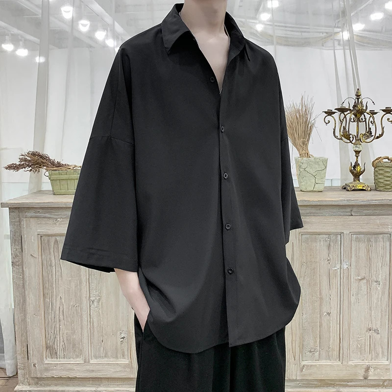 Summer Short Sleeved Shirt Men Oversized Society Mens Black Dress Shirt Korean Loose Ice Silk Shirt Mens Office Formal Shirts 250224