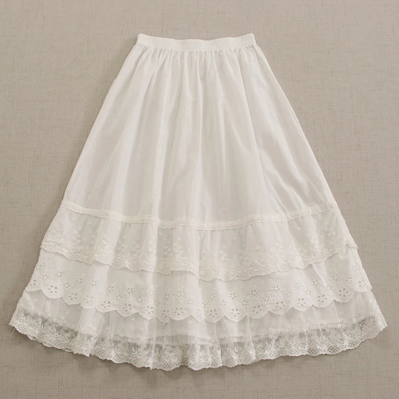 Japanese Sweet Mori Lace Floral Embroidery Cotton Skirt Women Korean High Elastic Waist Loose Underskirt A-line Skirts 250224
