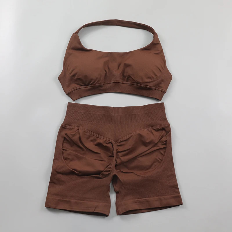 Seamless Fiess Yoga Set Women Gym Clothes Halter Sports Bra Matching Impact Shorts 2 Piece Workout Sets Outfit 250227