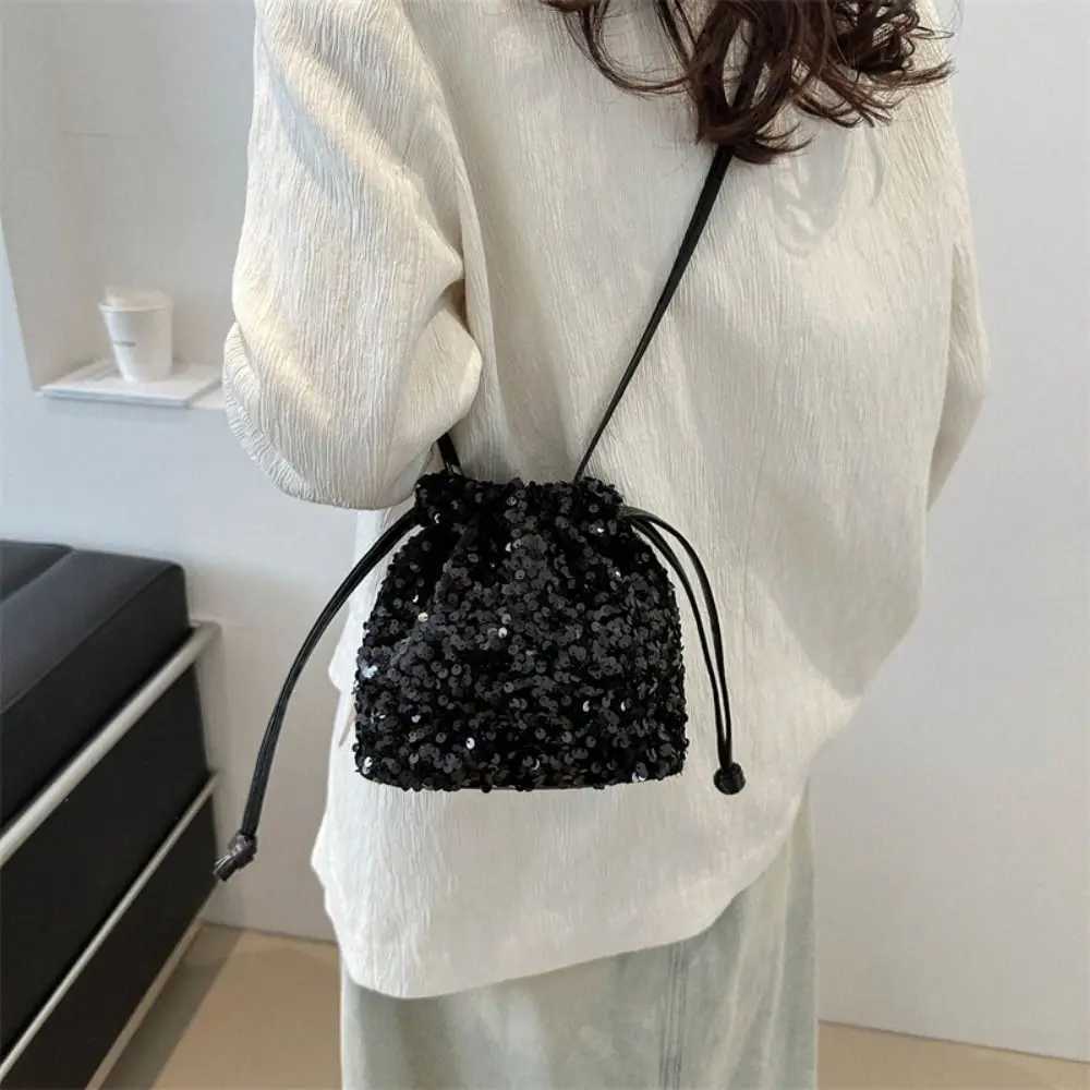 New Japanese Women Sequin Shoulder Bag for Girls Shiny Drstring Crossbody Bag Women Underarm Mini Bucket Bag Phe PurseXJ250227