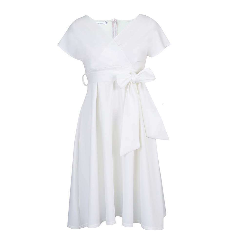 Summer V-neck solid color waist cinched bow strap European and American grand dress 2025 temperament versatile new trend clothing ins