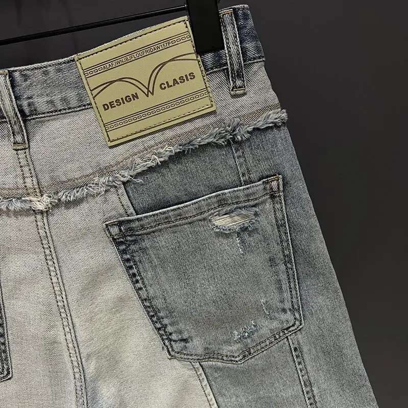 New Style Clothes Korean Clothing Men's Knee-Length Spliced Cowboy Denim Shorts Stretch Casual Short Jeans Man