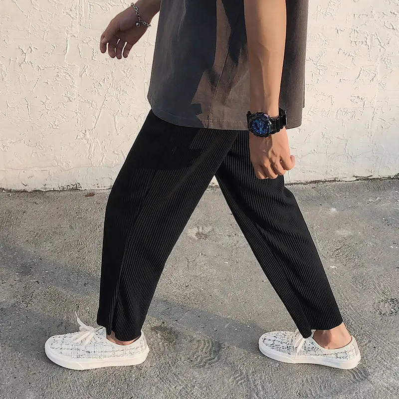 Wrinkled straight pants mens oversized casual pants mens Japanese streetwear loose ice silk pants mens wide leg Trousers S-2XL 250225
