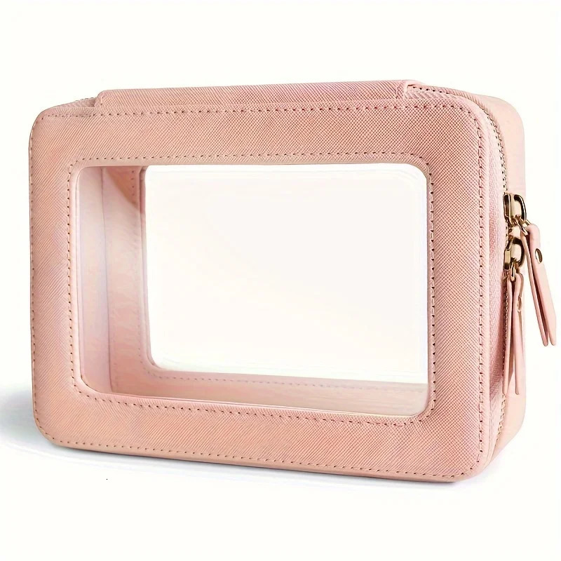 Ship from US UnisexAdult Waterproof PU Cosmetic Bag with Clear Window and Double Zippers Durable Saffiano Leather Travel Toiletry for W 250227FBB
