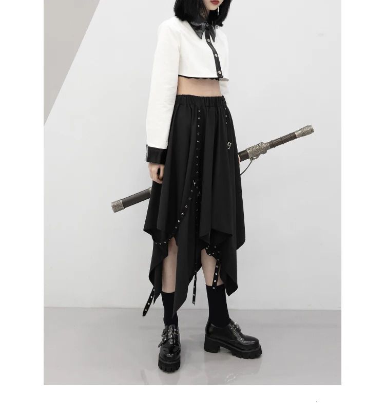 Irregular Skirt s Dark Tie Street Punk Wind Weave Buckle Medium-length Y2k Gothic Long Skirt 250226