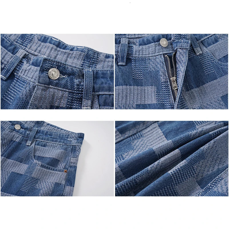 Fashion plaid mens denim shorts summer straight casual patchwork jeans street loose 250226