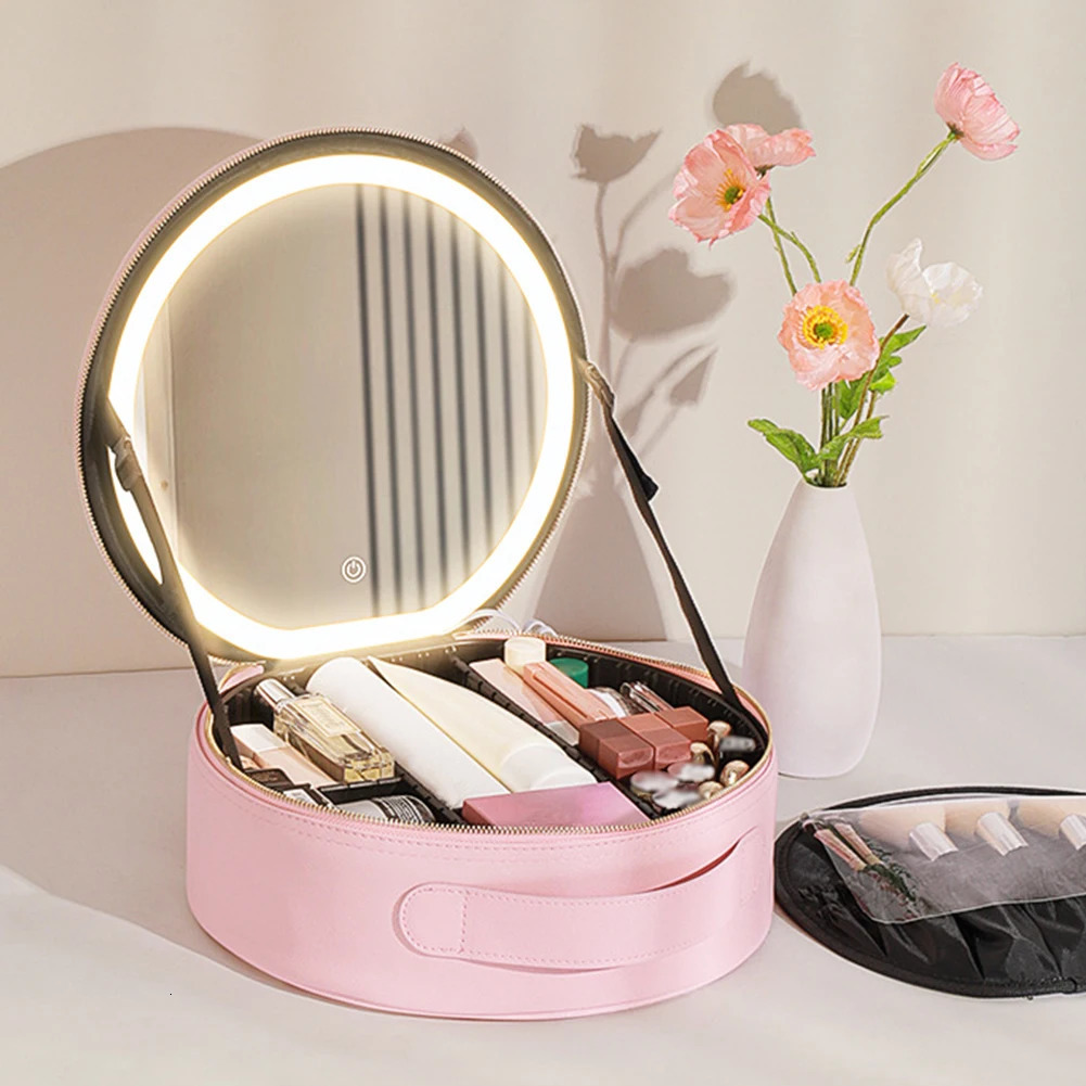 Ship from US PU Multifunctional Toiletries Organizer with LED Mirror Makeup Case Light 3 Color Adjust Brightness Touch Switch for Women Girls 250227FB
