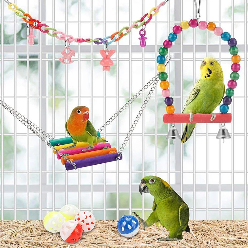 Bird Cage Toys for Parrots Wood Birds Swing Reliable Chewable Bite Bridge Wooden Beads Shape Parrot Toy 11pcs Bird Toys parrot 250226