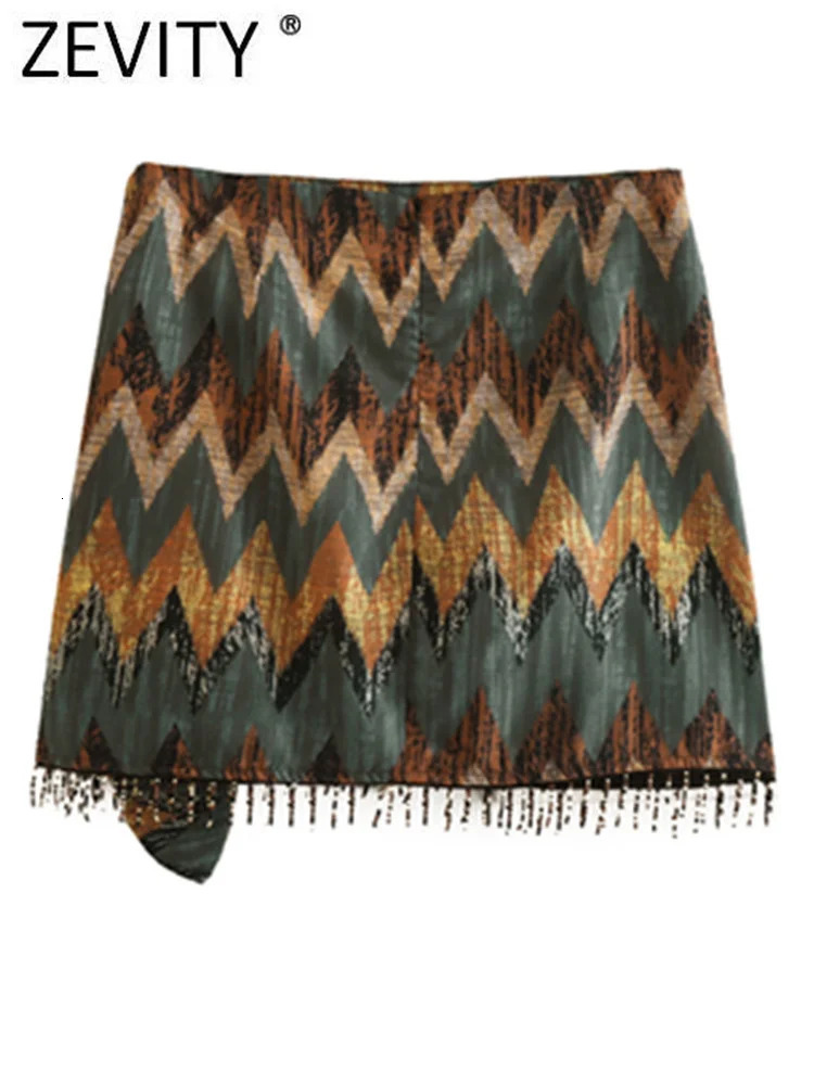 Zevity Women Vintage Geometric Print Knotted Mini Sarong Skirt Faldas Mujer Female Beading Tassel Casual Zipper Vestidos QUN1436 250224