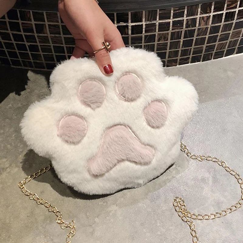 Ship from US Fashionable Womens Shoulder Bag Adorable Paw Print Plush Handbag with Chain Strap Spacious Crossbody Purse for Everyday Use 250227FBB