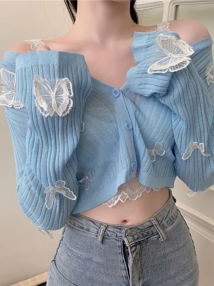 Pink butterfly cardigan wool sweater womens summer long sleeved knitted Korean fashion cute ultrathin button Sunscreen crop top 250225