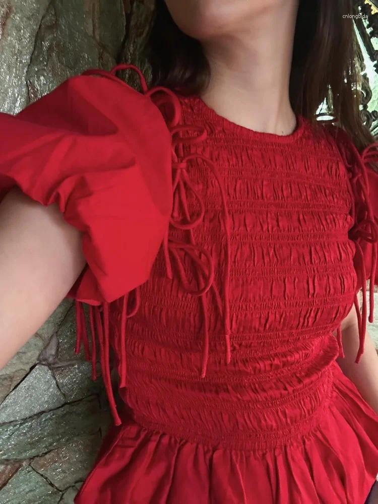 Women's Tanks 2025 Lace-up Sleeve Shirts For Women Fashion Red Round Neck Pleated Hem Pullover Spring Female High Street Tops