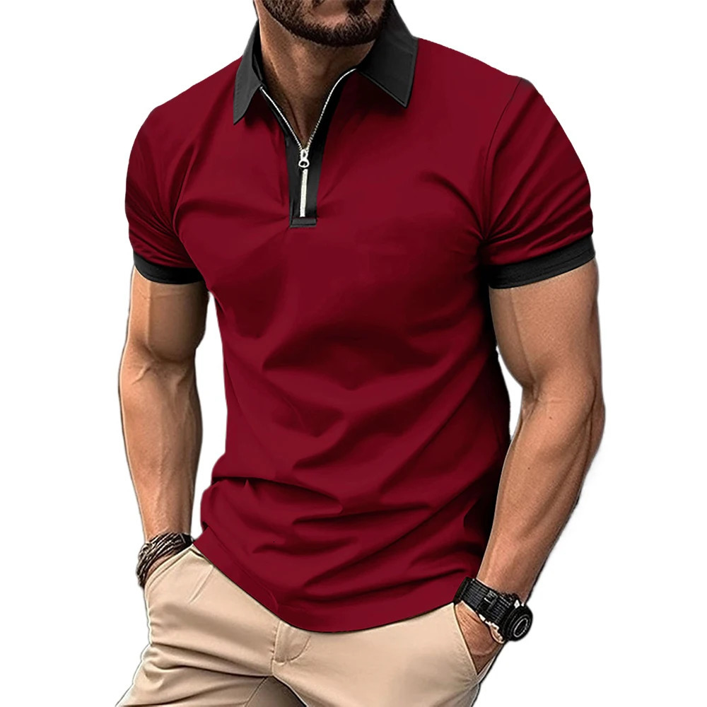 Summer mens spliced colorful polo shirt short sleeved zipper lapel breathable streetwear jogging top 250226