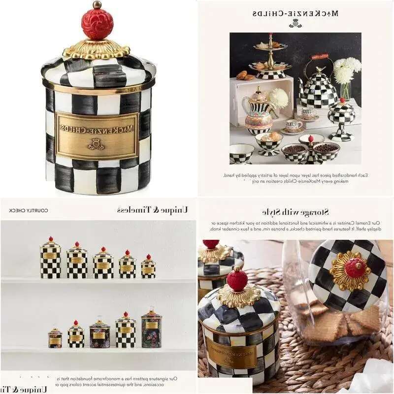 Storage Bottles Jars Courtly Check Enamel Canister Black-And-White Kitchen Container With Lid Mini 240820 Drop Delivery Home Garden Ho Otskb 23 ds