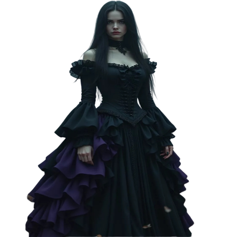 Ruffle Black And Purple Gothic Prom Dresses Off Shoulder Flare Long Sleeves A-Line Long Vintage Evening Gown For Women 2025 Special Occasion