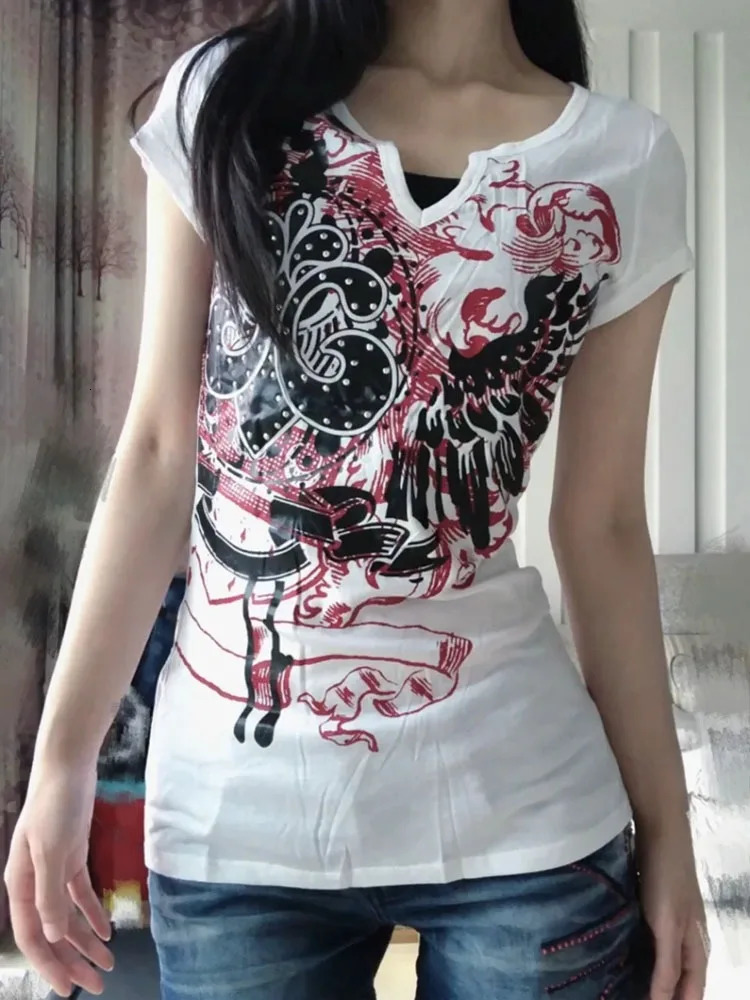 HOUZHOU Punk Harajuku Graphic Tshirts Women Japanese Style Y2k Vintage 2000s Aesthetic Grunge Top Gothic Short Sleeve Streetwear 250226