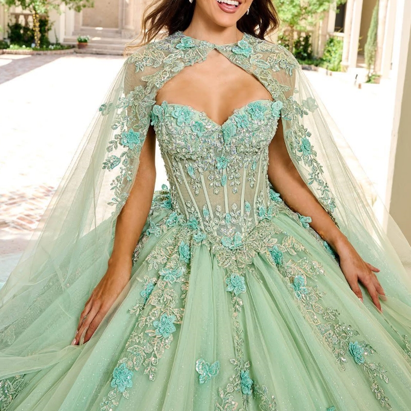 Green Shiny Quinceanera Dresses Ball Gown Off The Shoulder Applique Lace Beads Tull With Cape Party Birthday Sweet 16 Vestidos 15 Anos