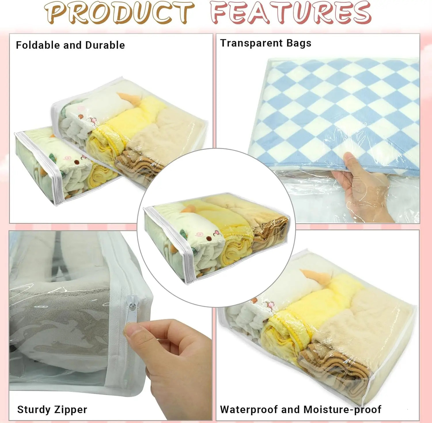 Ship from U.S. 32 piece transparent zipper storage bag - plastic sweater storage bag - reusable blanket storage bag bed sheet organizer 250227FBB