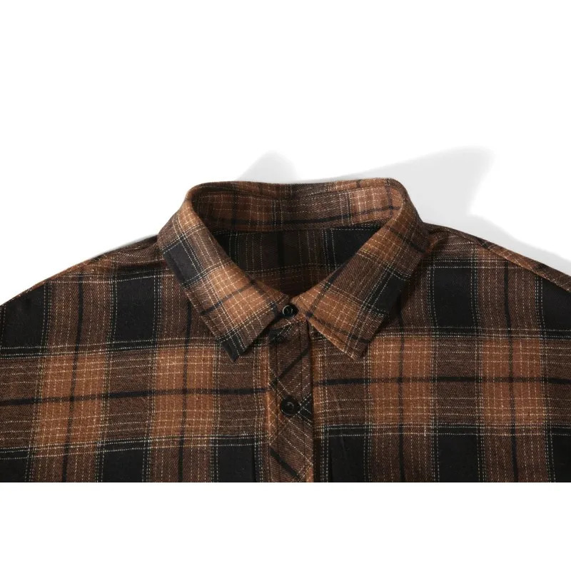 Vintage Mens Plaid Shirt Oversized Outer Top Clothes Casual Long Sleeve Checked Overshirt Single Pocket Buttons Blouse Male 250226