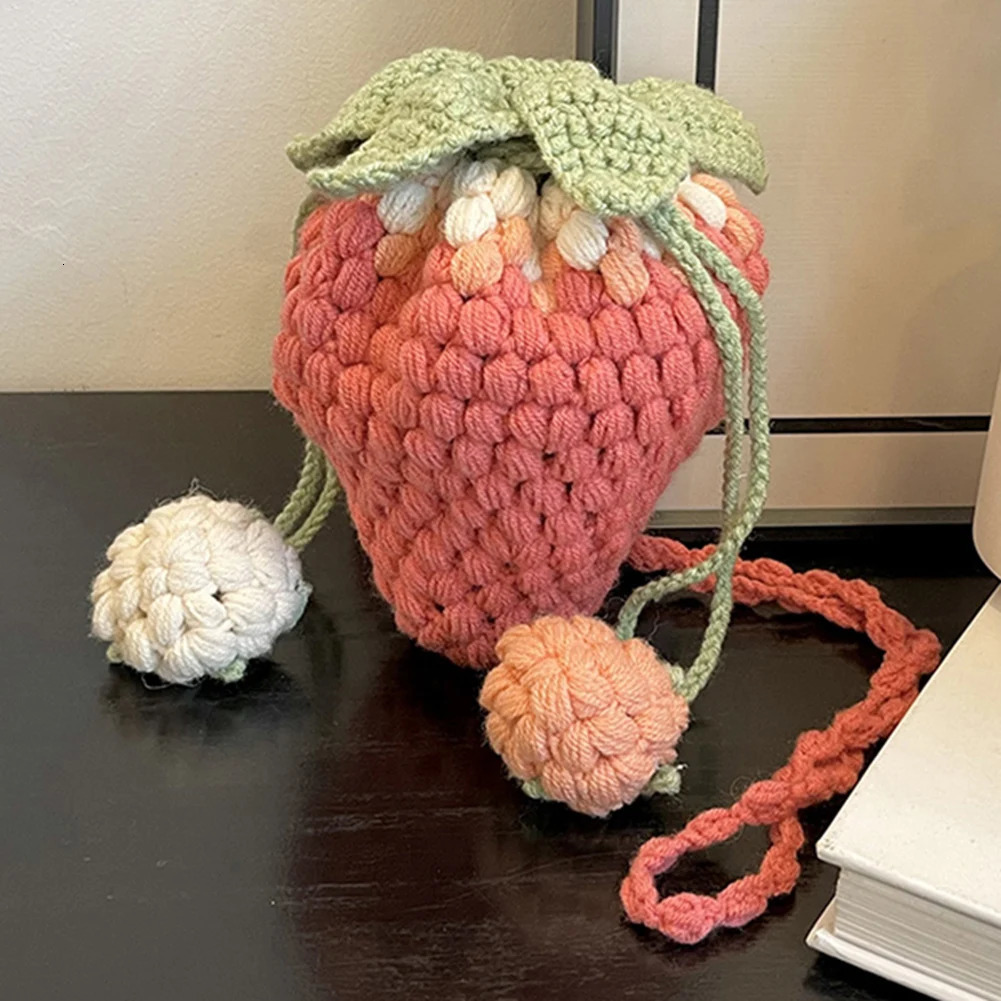 Ship from US Women Kawaii Tote Handbag Versatile Strawberry Crossbody Bag Casual Woven Satchel DIY Cartoon Crochet Bucket Purse 250227FBB