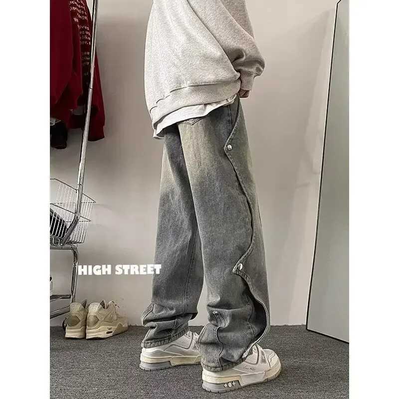 American Style Casual High Street Fashion Design Sensibility Niche Mens Loose Fit Straight Leg Denim Pants Spring Season X250227