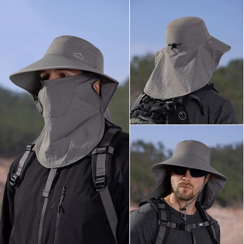 Outdoor Fishing Mountaineering Fisherman Hat Summer Men Face Mask Sunblock Large Brim Shawl Visor Bucket Hats Camping Hiking Cap 250218