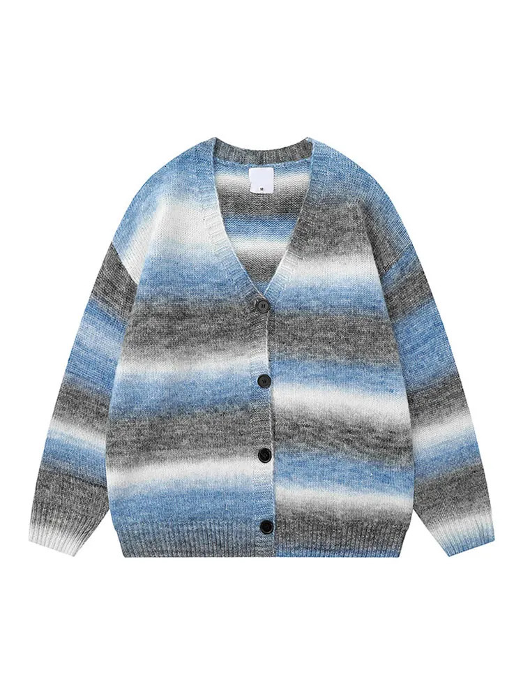American Retro Striped College Style Knitted Sweater Unisex Autumn Vneck Casual Commuting Tops Fashion Mens Button Cardigan 250226